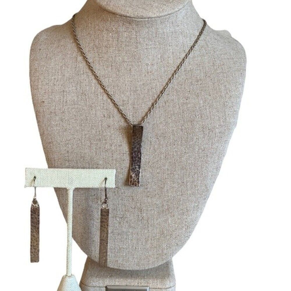 Sterling Hammered Rectangle Pendant Necklace & Dr… - image 1